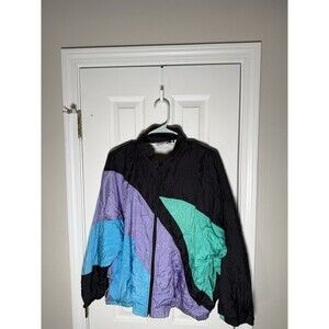 Vintage Goola Gong Womens Colorblock Windbreaker Jacket Black Purple Teal Zip
